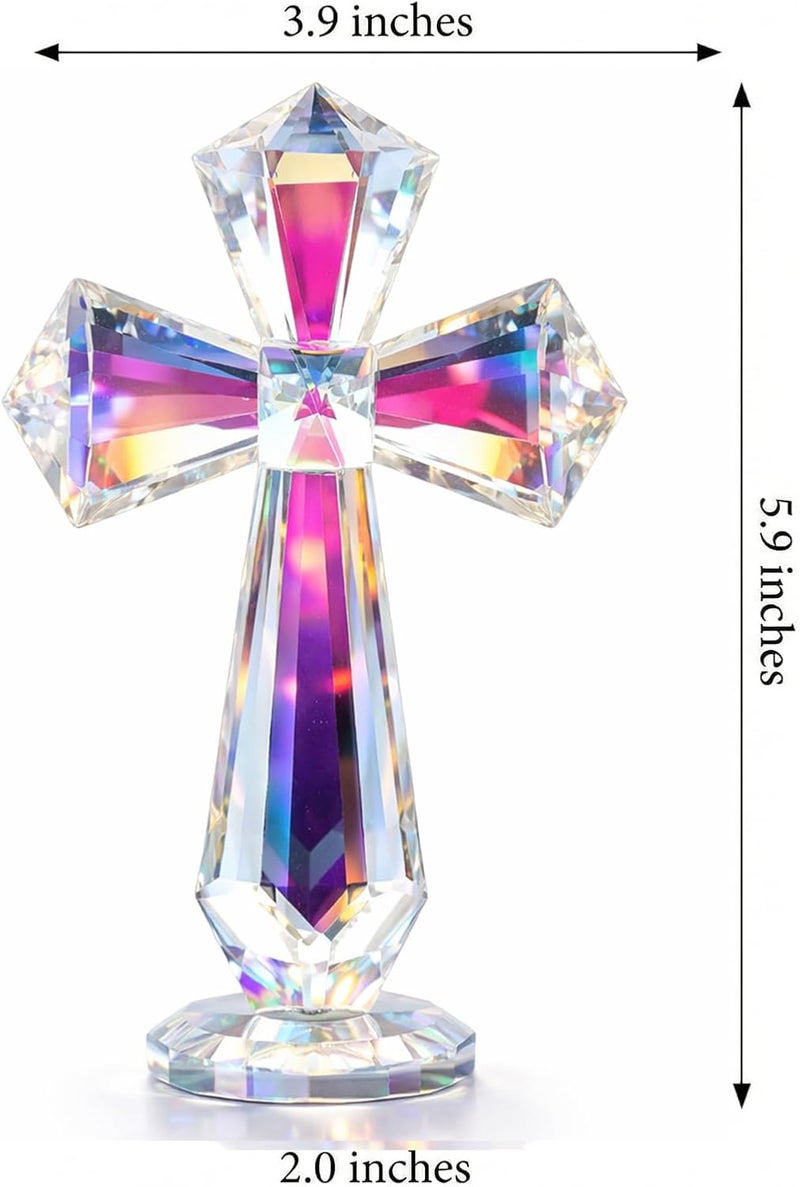 Rotroyce Hand-Carved Crystal Cross Desk Decor - 6 Inch Spiritual Gift for Christians, Clear K9 Crystal Religious Figurine with 360° Faceted Design, Home Altar & Office Inspirational Ornament (Multi-Colored) - Image 3
